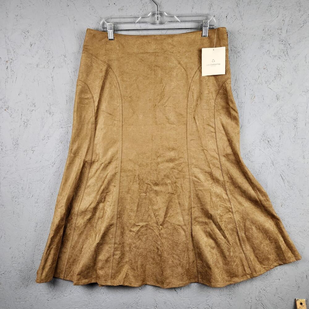 Liz Claiborne Skirt Womens Petite 14P Tan Faux Suede A Line Flare Side Zip Gored